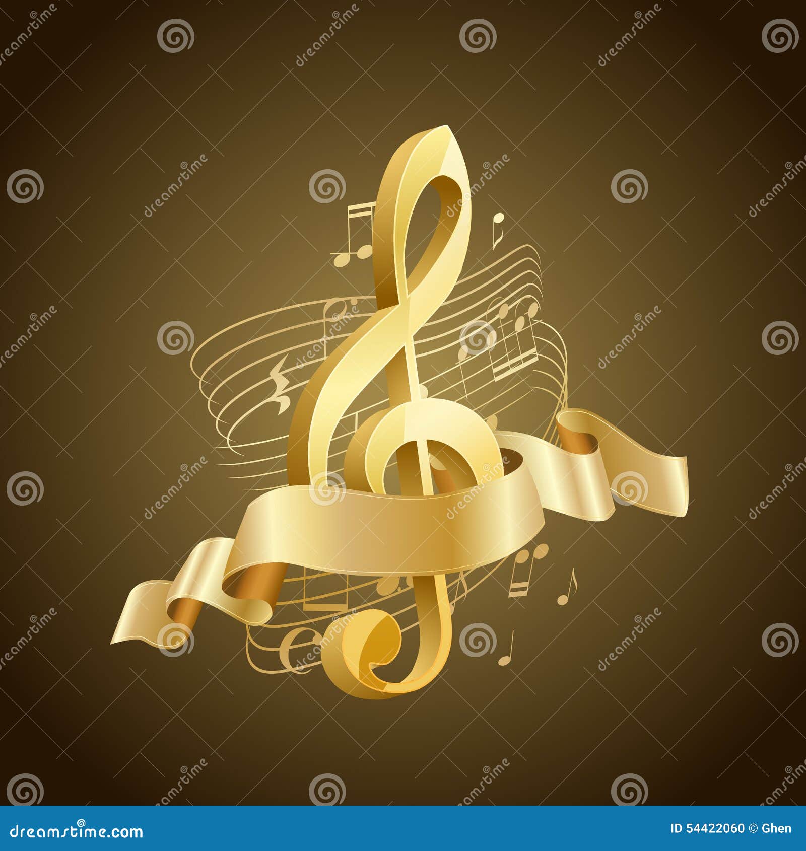 golden musical treble clef with abstract lines and notes, ribbon