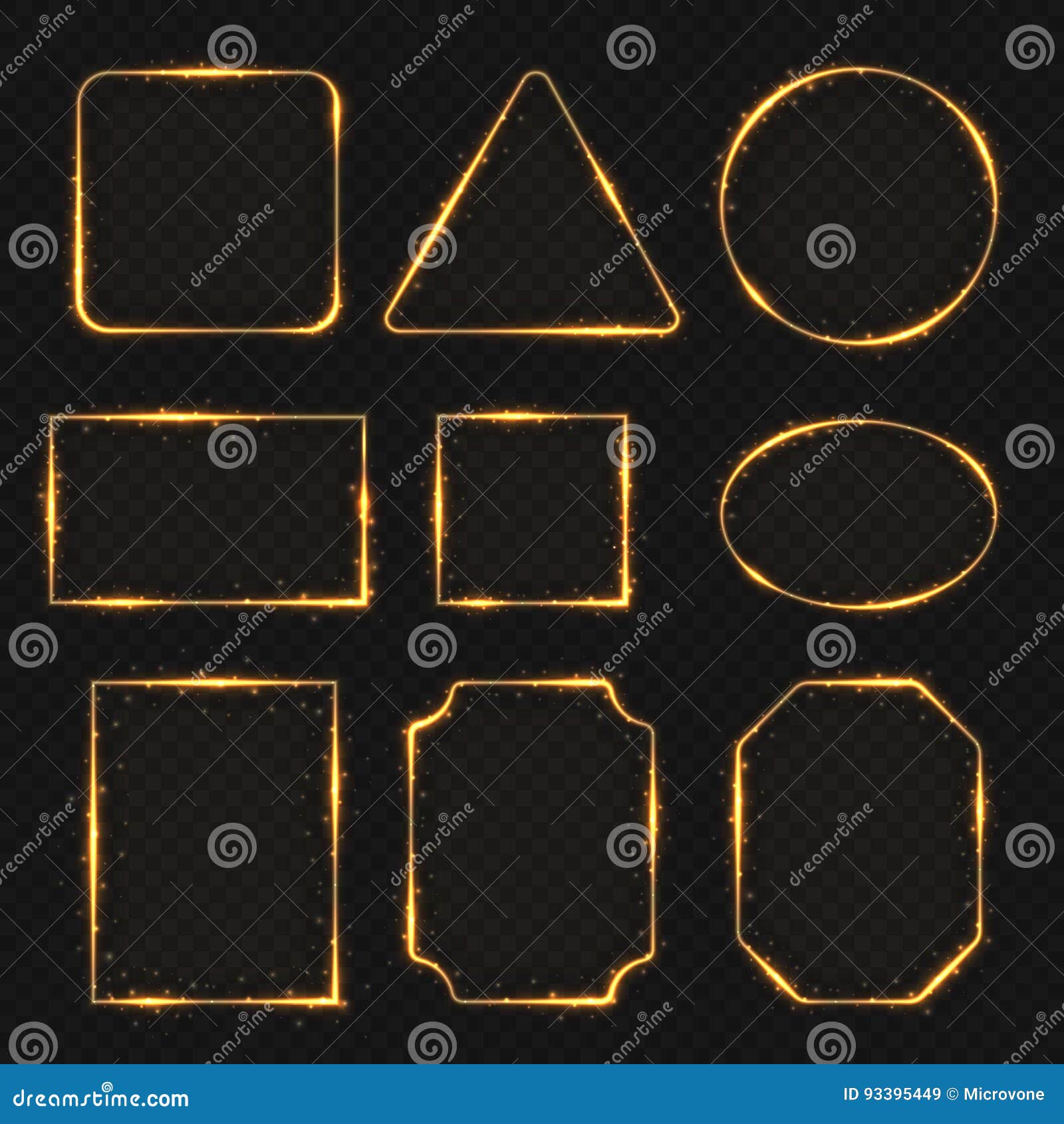 golden neon shiny electric rectangle borders. glisten round and oval banners