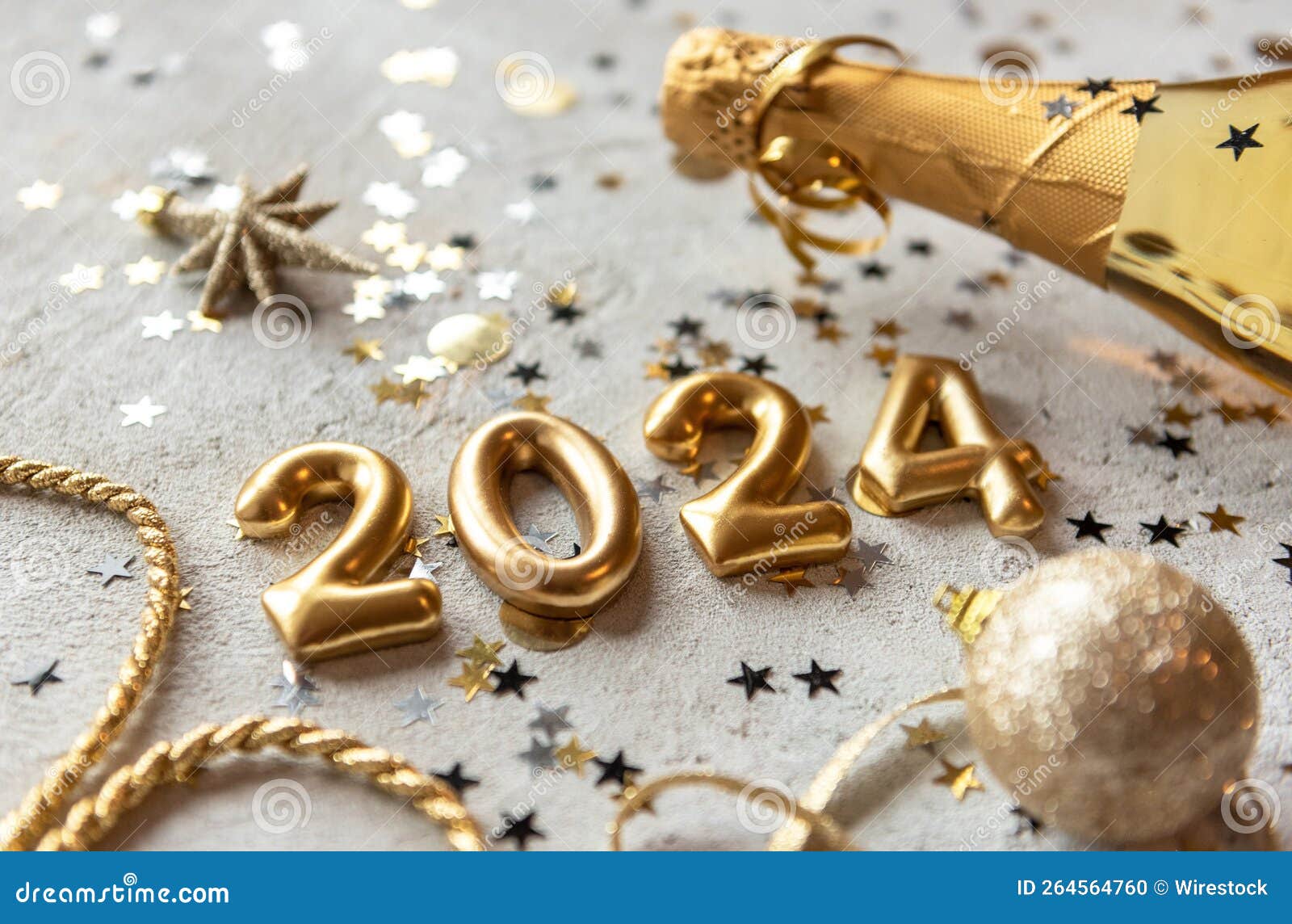 Golden 2024 New Year Numbers with Confetti and Champagne Bottle Stock Photo  - Image of happy, champagne: 264564760