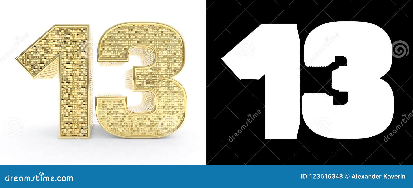 Golden Number Thirteen Number 13 On White Background With Drop Shadow