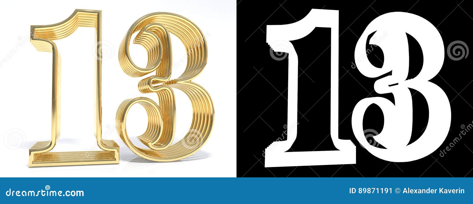 Golden Number Thirteen on White Background with Drop Shadow Stock