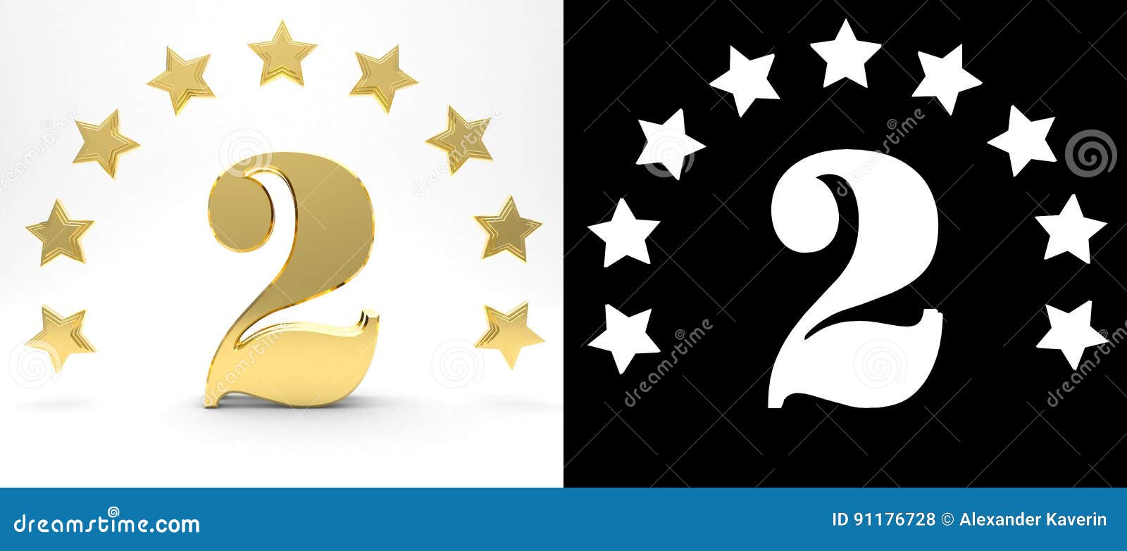 Golden Number Two on White Background with Drop Shadow and Alpha