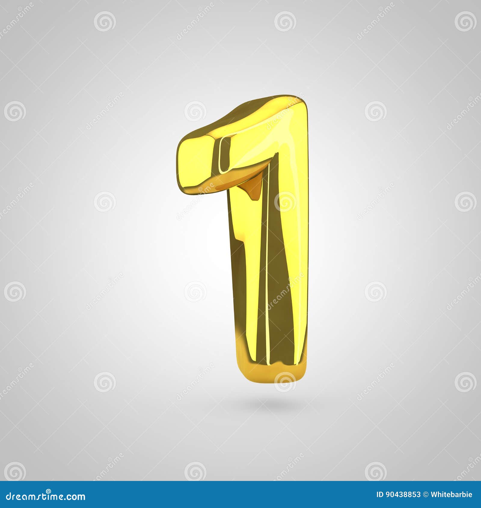 Golden number 1 on white background. Golden number 1. 3D rendering of golden twisted font on white background.