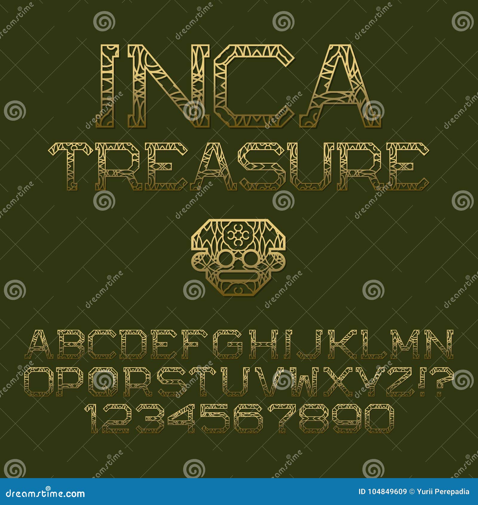 golden patterned angular letters and numbers. decorative elegant font.  english alphabet with text inca treasure