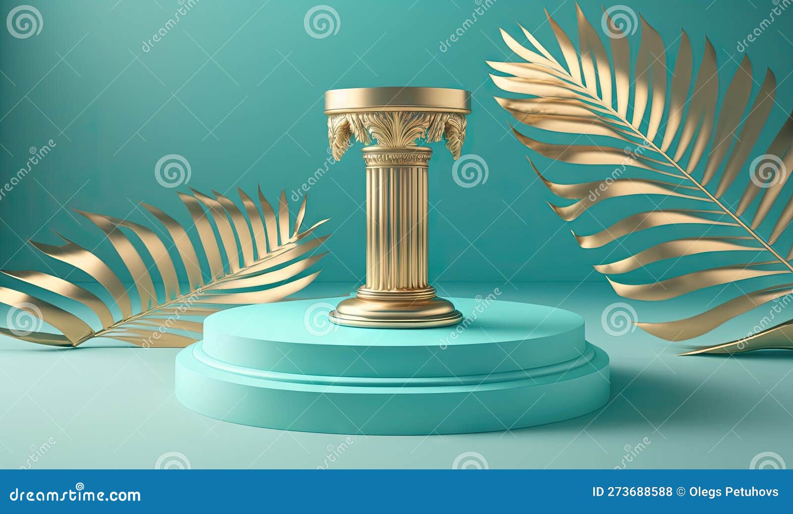 A Golden Pillar with a Golden Leaf on a Blue Pedestal Stock