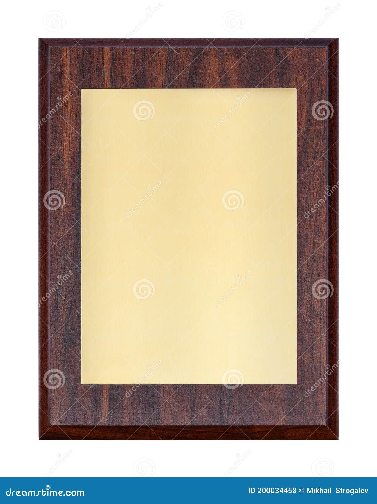 golden plaque or name board in wooden frame,  on a white background