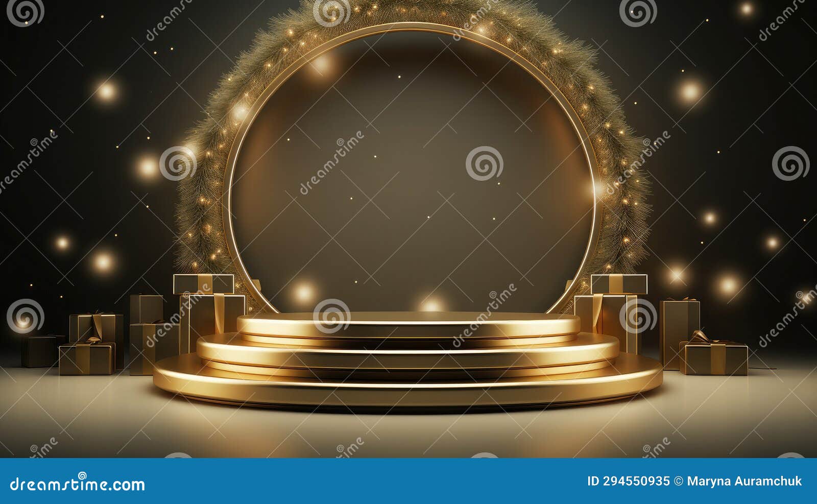 golden podium for show product display, new year's platform with christmas gift boxes.