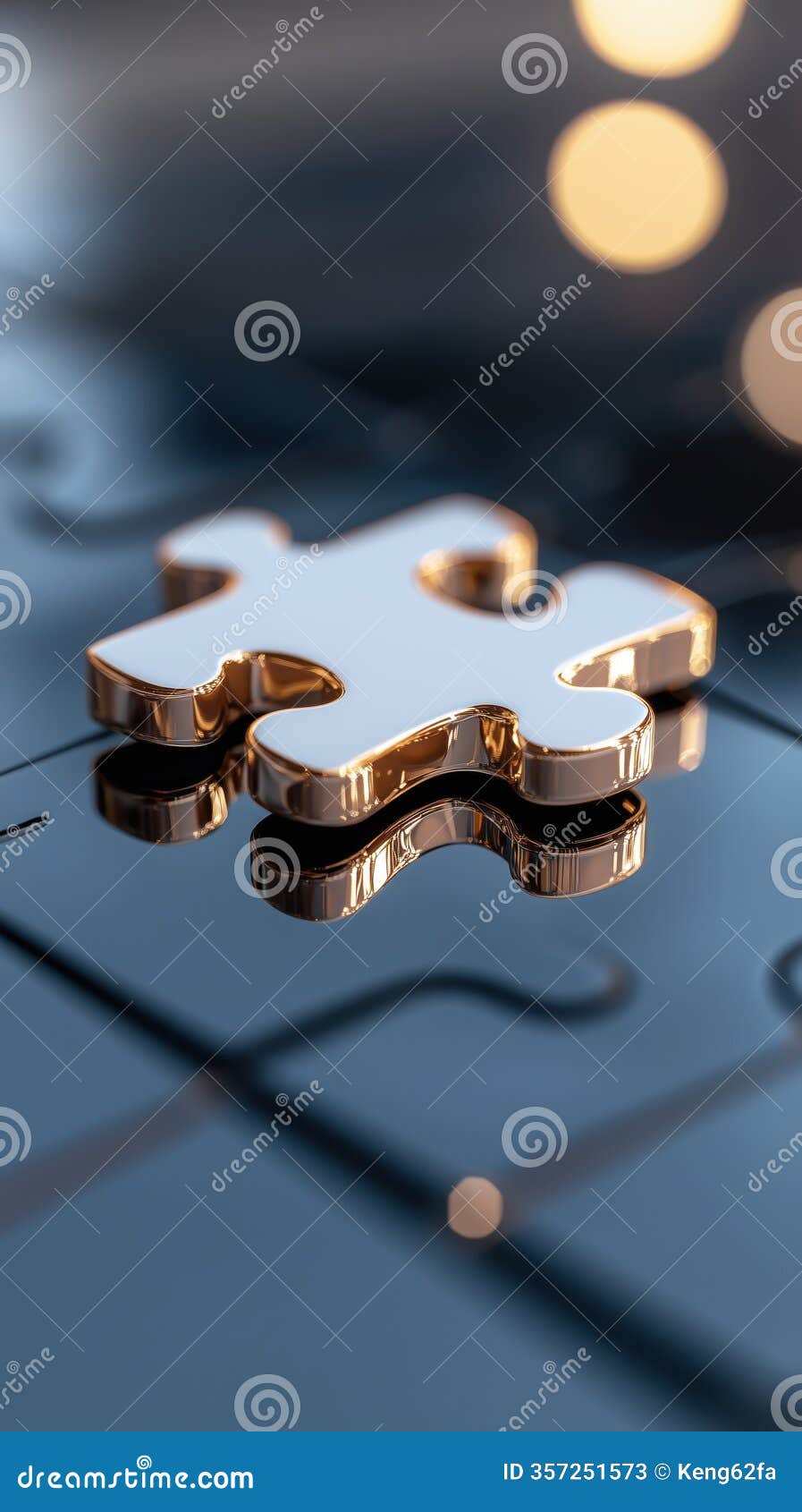 golden puzzle piece on reflective surface, izing connection and unity