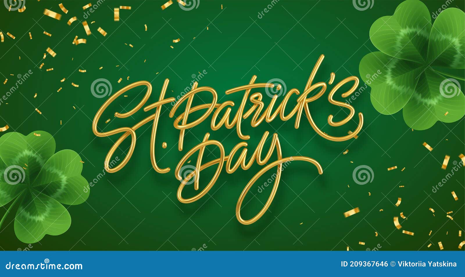 golden realistic lettering happy st. patricks day with realistic clover leaves background. background for poster, banner