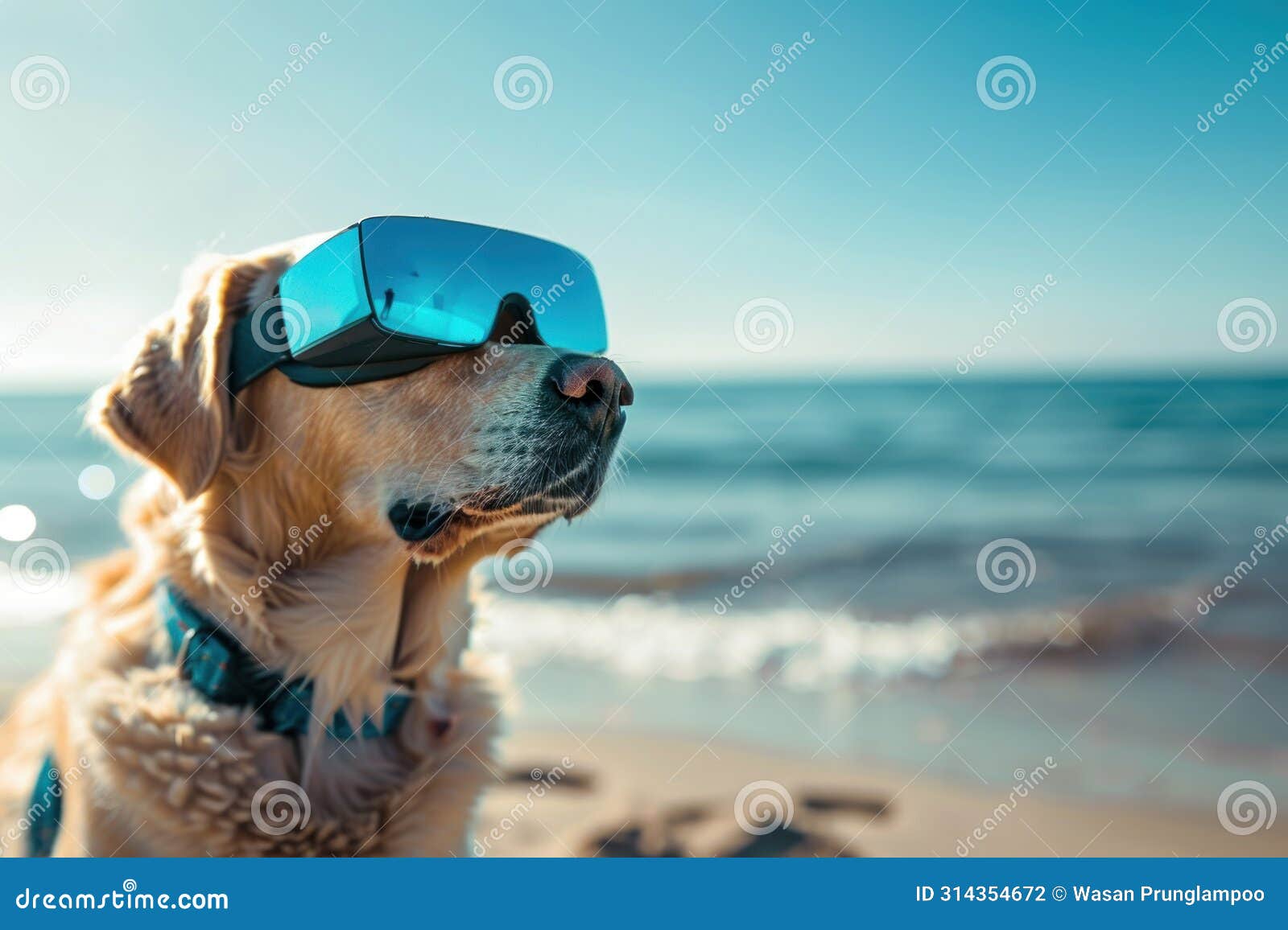 a golden retriever dog wearing blue sunglasses is sitting on the beach