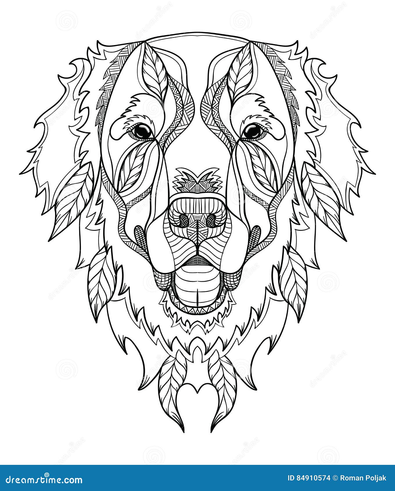 golden retriever dog zentangle, doodle stylized head, hand drawn