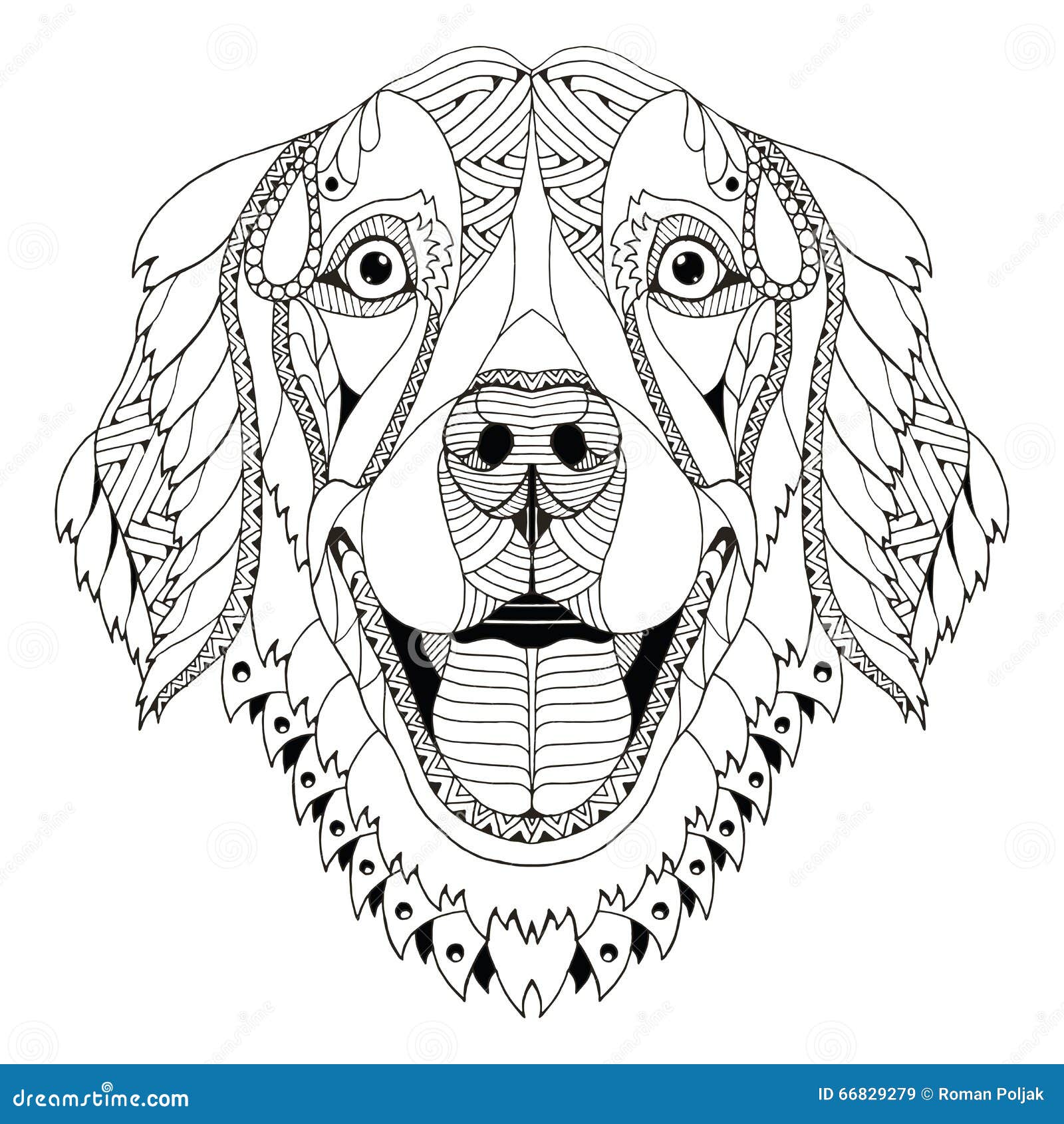 Golden Retriever Dog Zentangle Stylized Head, Freehand Pencil, H Stock