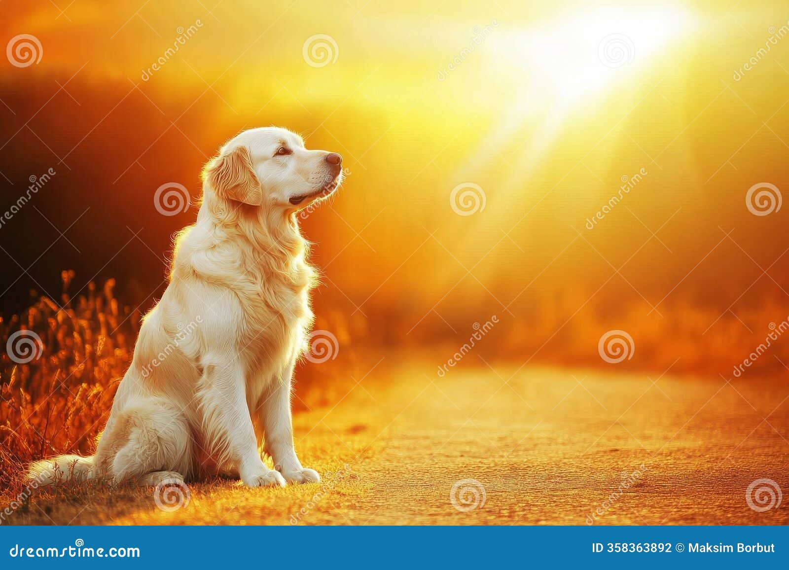 a golden retriever frolicks joyfully outside in a vast grassy area at sunset, surrounded by the mesmerizing golden light