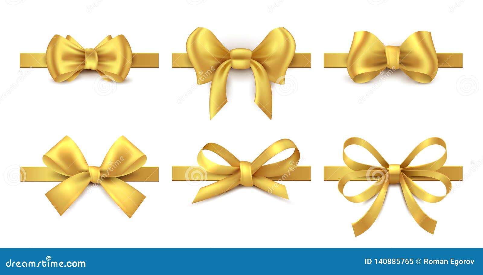 golden ribbon bow. holiday gift decoration, valentine present tape knot, shiny sale ribbons collection.  gold bows