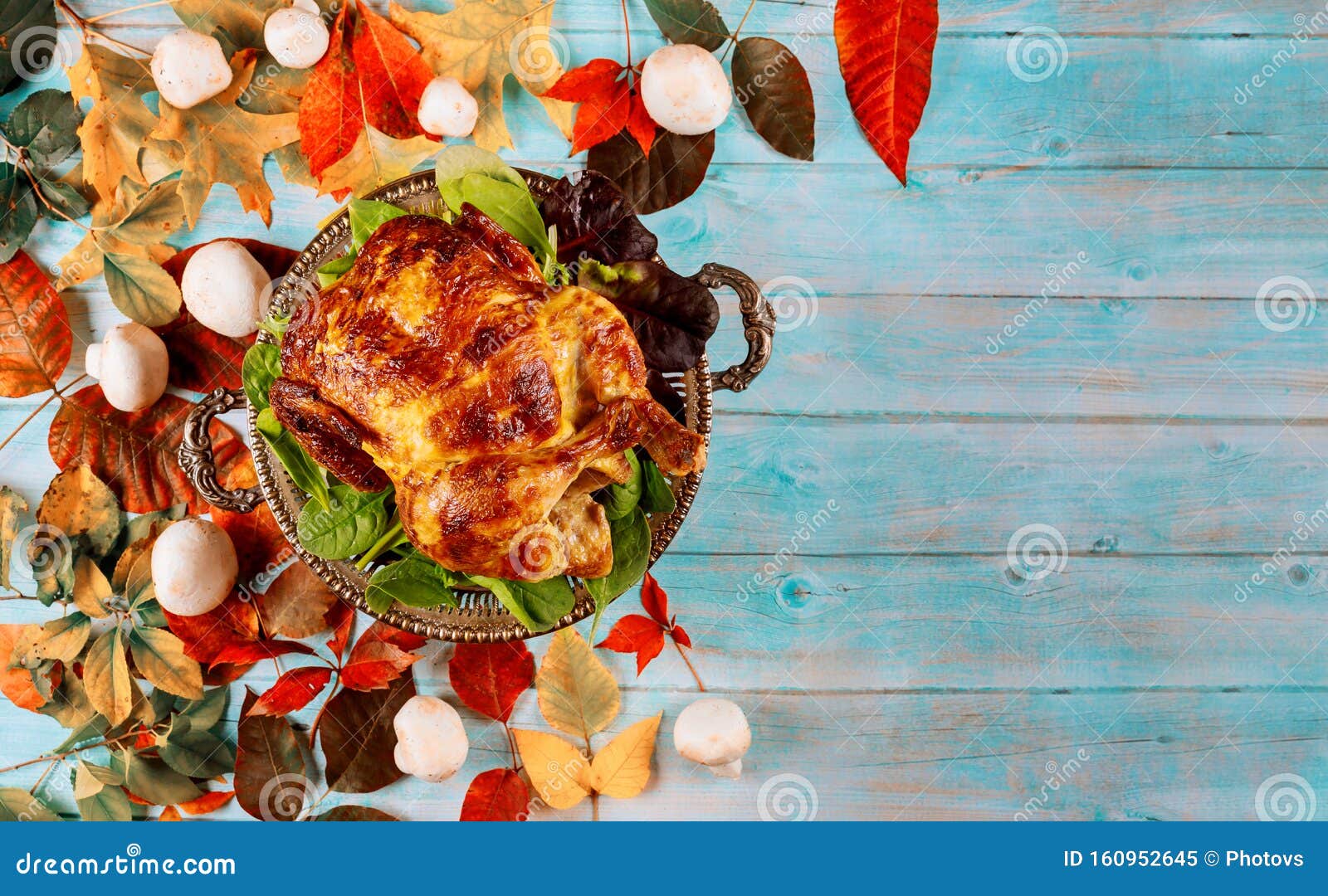 Golden Roast Chicken with Thanksgiving Celebration Dinner Stock Image ...