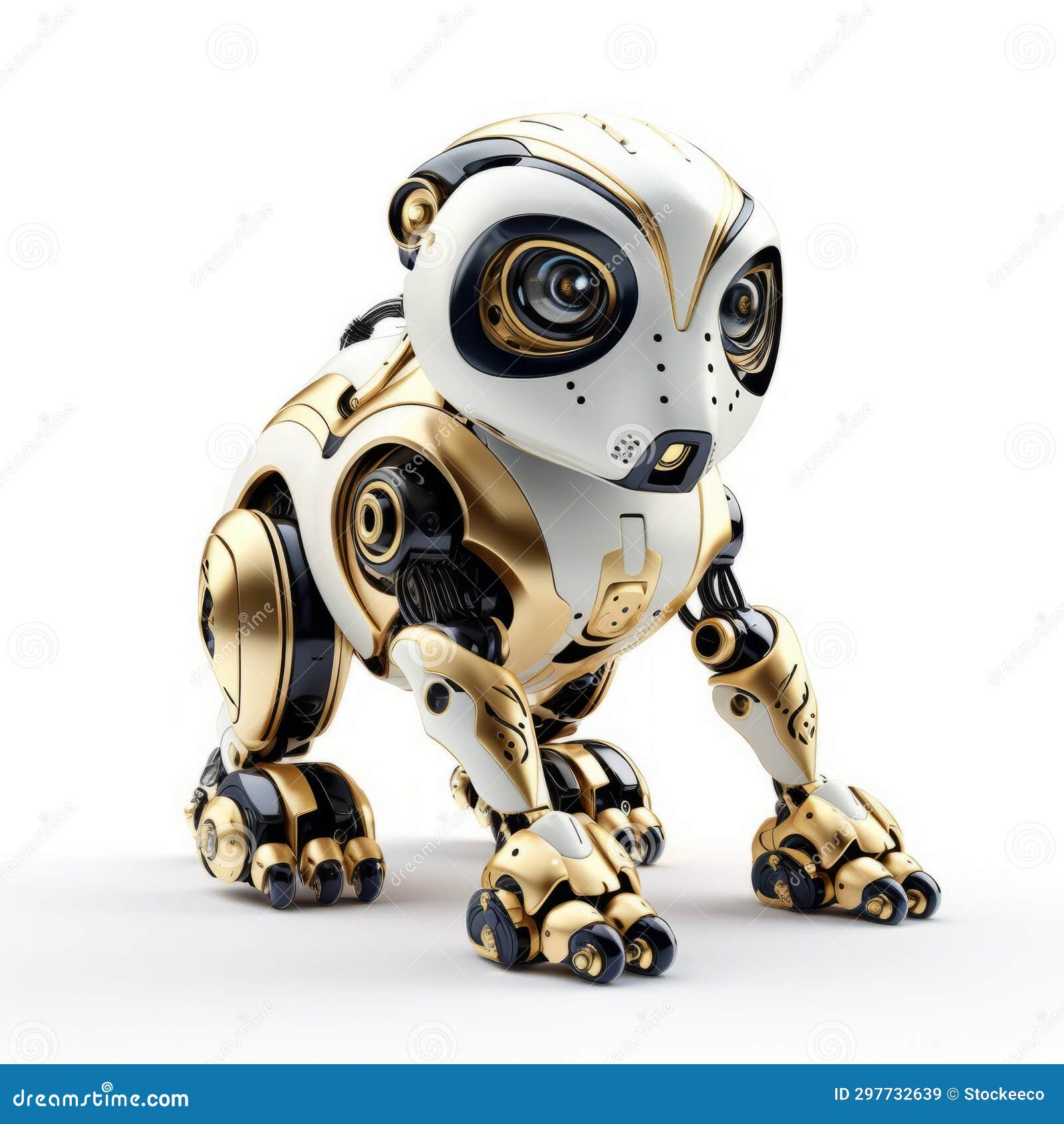 golden robot dog: a futuristic ed robot animal on white background