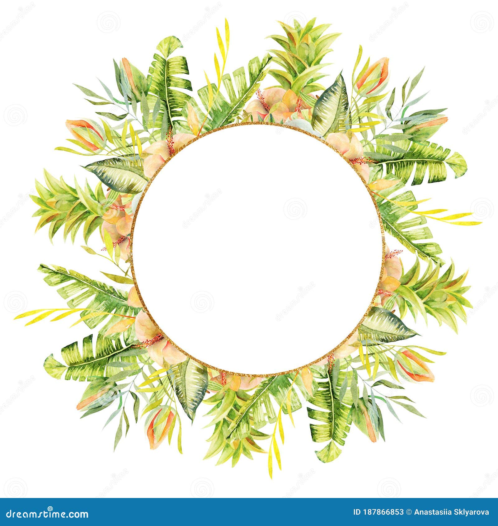 Golden Round Frame of Watercolor Tropical Green Plants, Leaves and ...