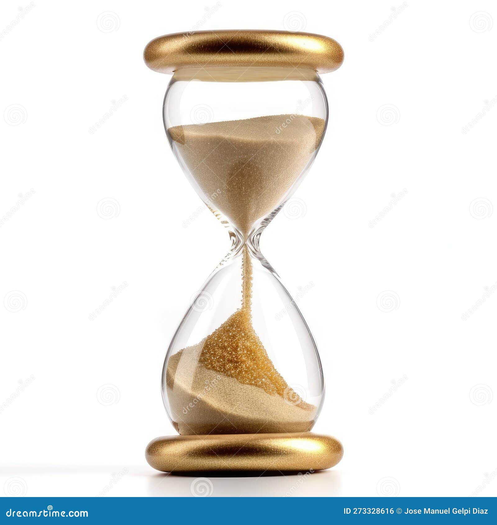 golden sand hourglass on white background,  of time running out. countdown to deadline, time management and urgency concept