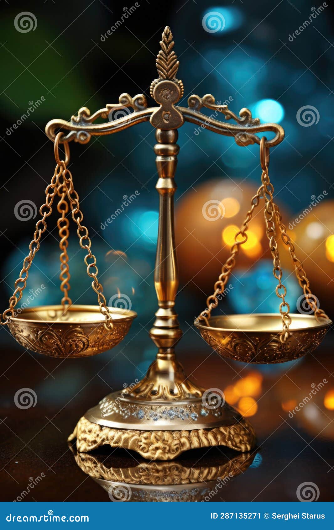 golden scales of justice on a table with lit candles. generative ai image.