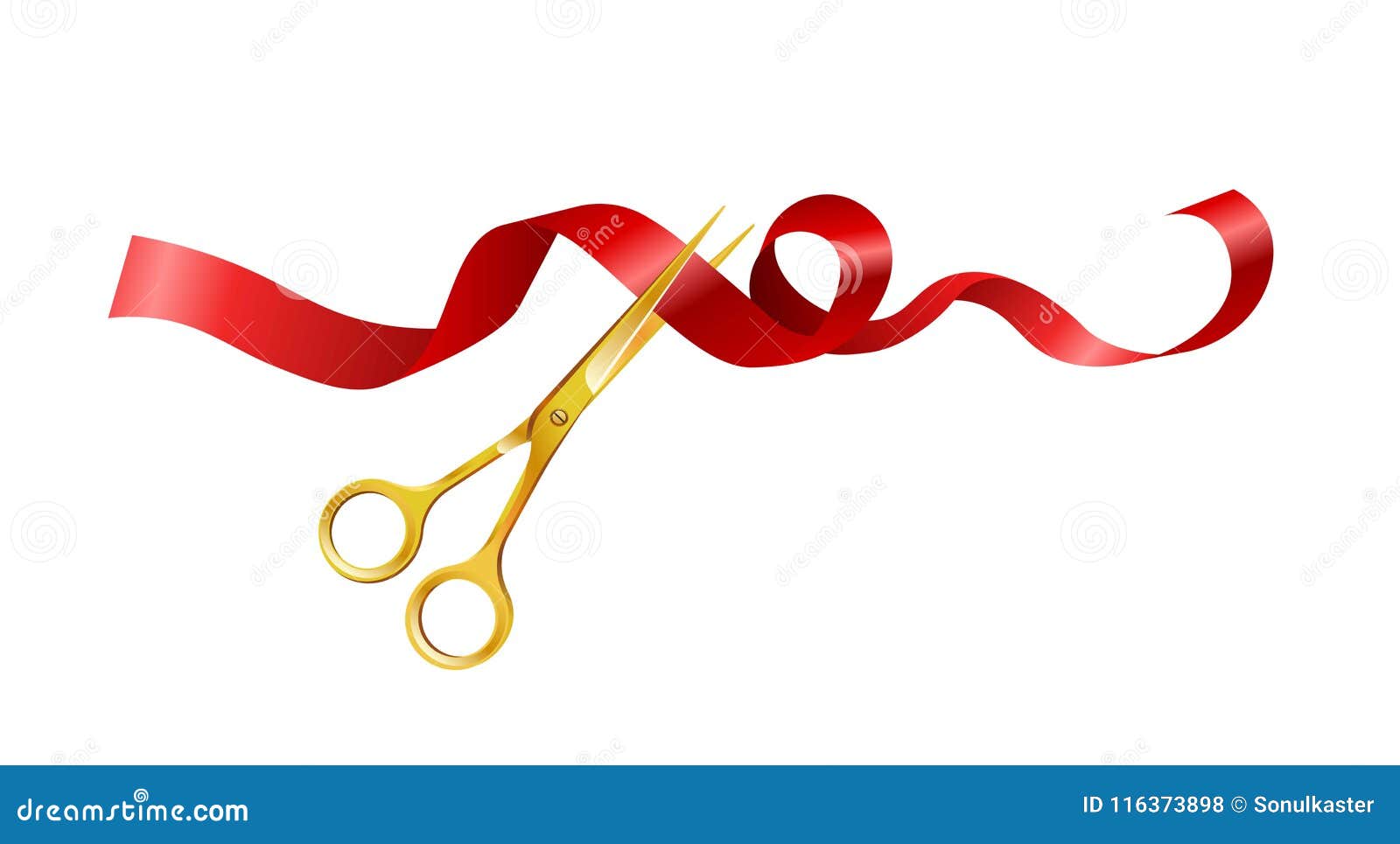 Gold Scissors Cut Red Ribbon. Grand Opening, Vectors