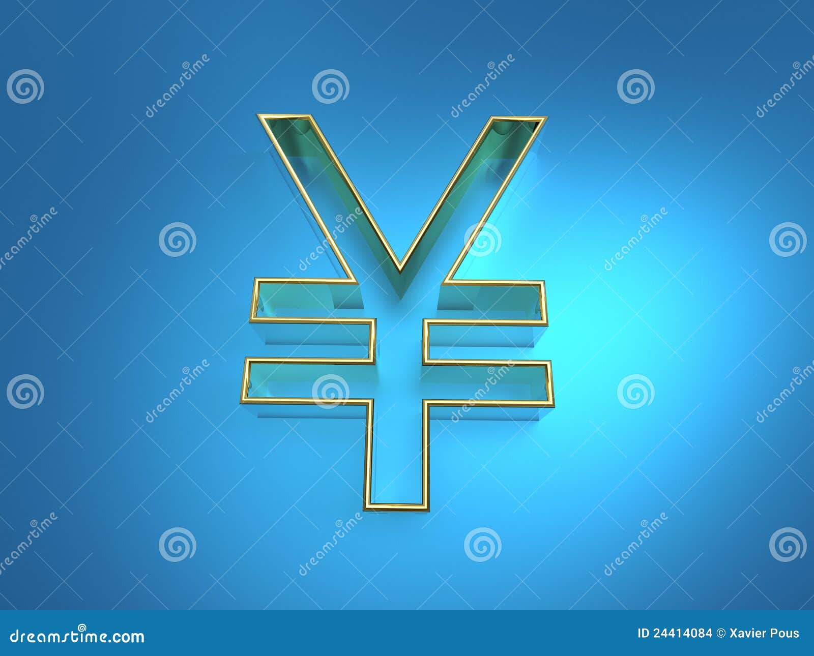 Golden shape of symbolic yen. 3d illustration of golden yen symbol extrude on blue background