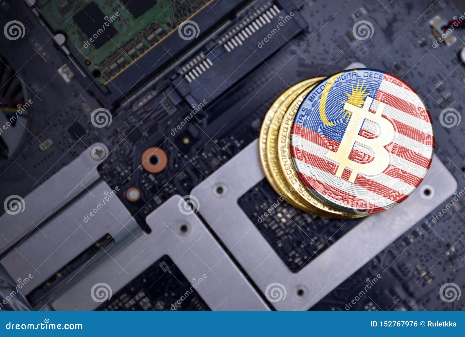 Golden Bitcoins With Flag Of Malaysia On A Computer ...