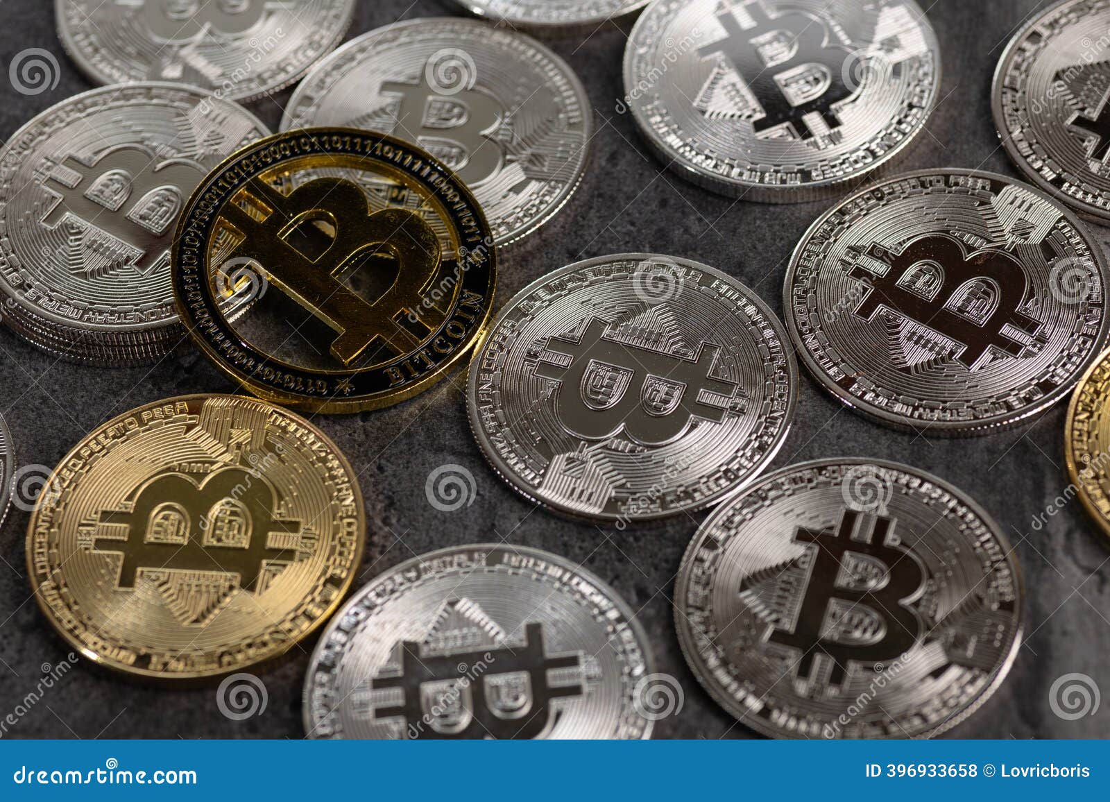 Golden and Silver Bitcoin Coins Displayed on a Stone Surface Stock Photo -  Image of code, banking: 396933658