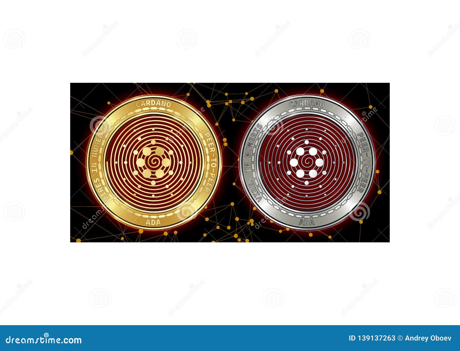 Golden and Silver Cardano ADA Cryptocurrency Coins on Background of