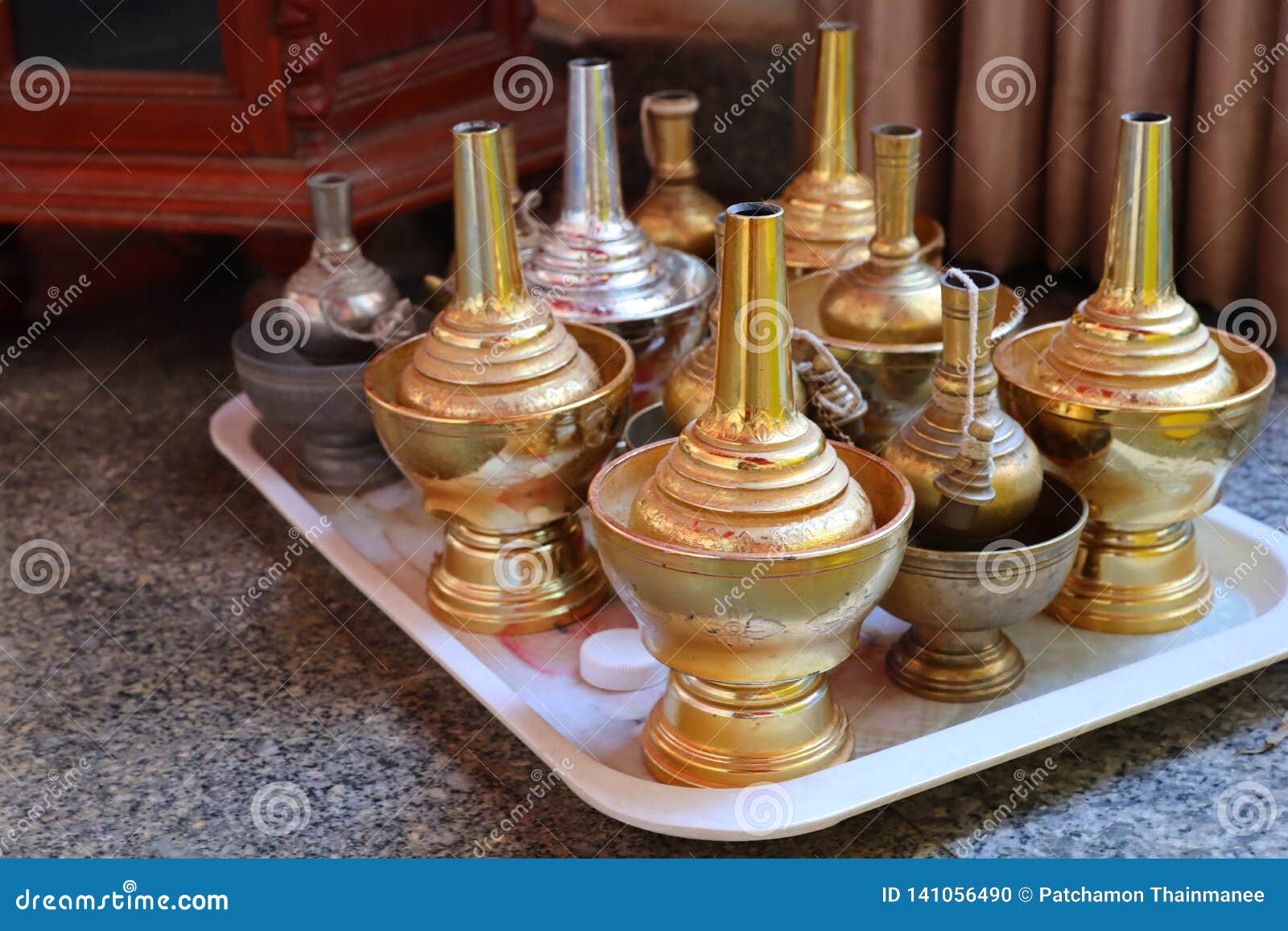 Golden And Silver Cups With Asian Style Water In Thai Temples Stock ...