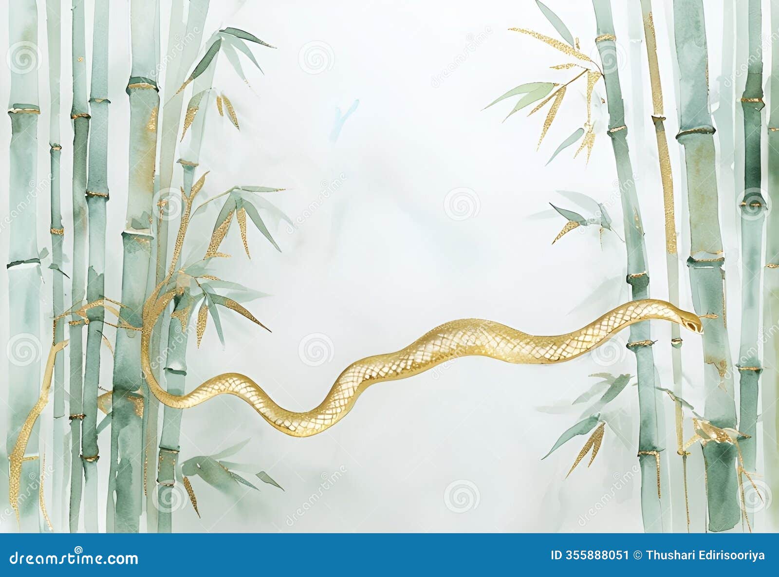 golden snake and bamboo watercolor art for chinese new year