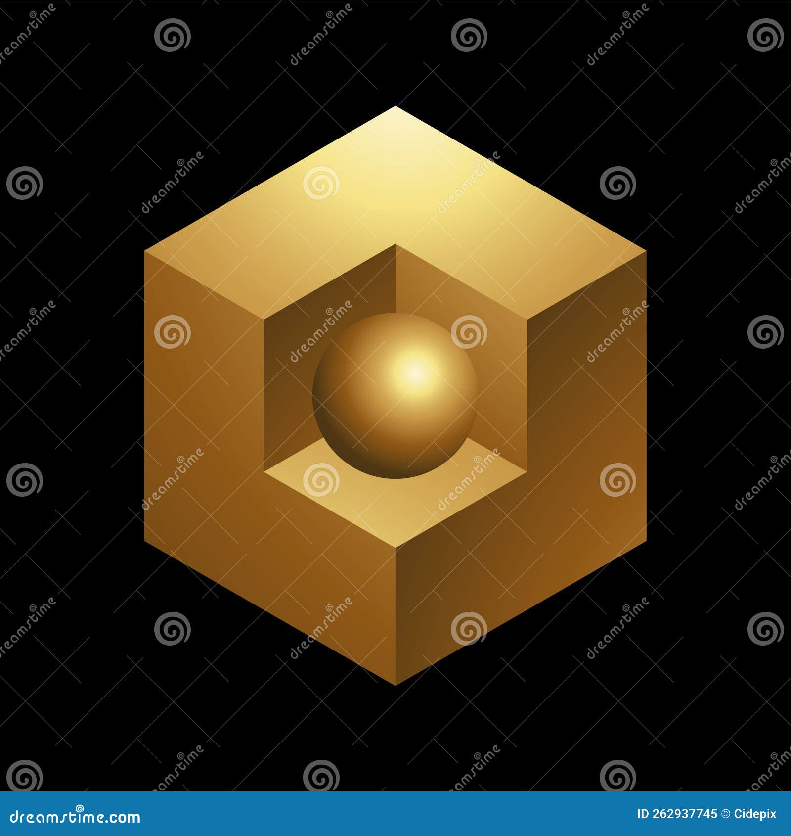 Golden Sphere and Cube on Black Background Stock Vector Illustration