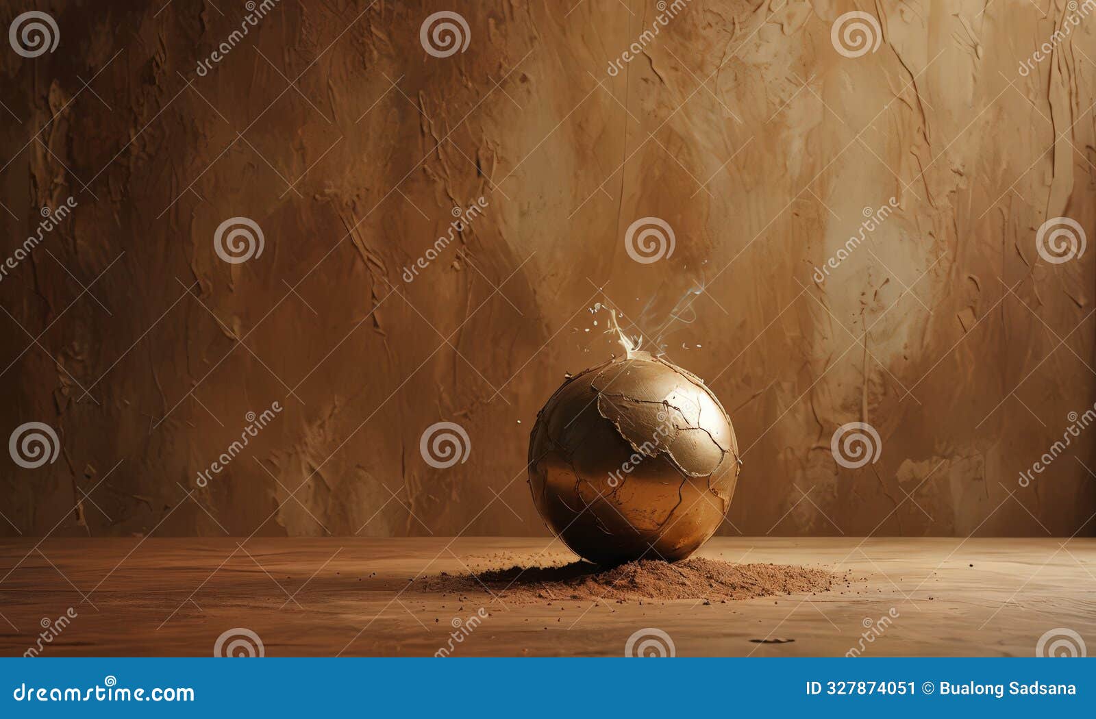 golden sphere rests on pile brown soil, with warm, earthy light casting shadows and highlighting the sphere's