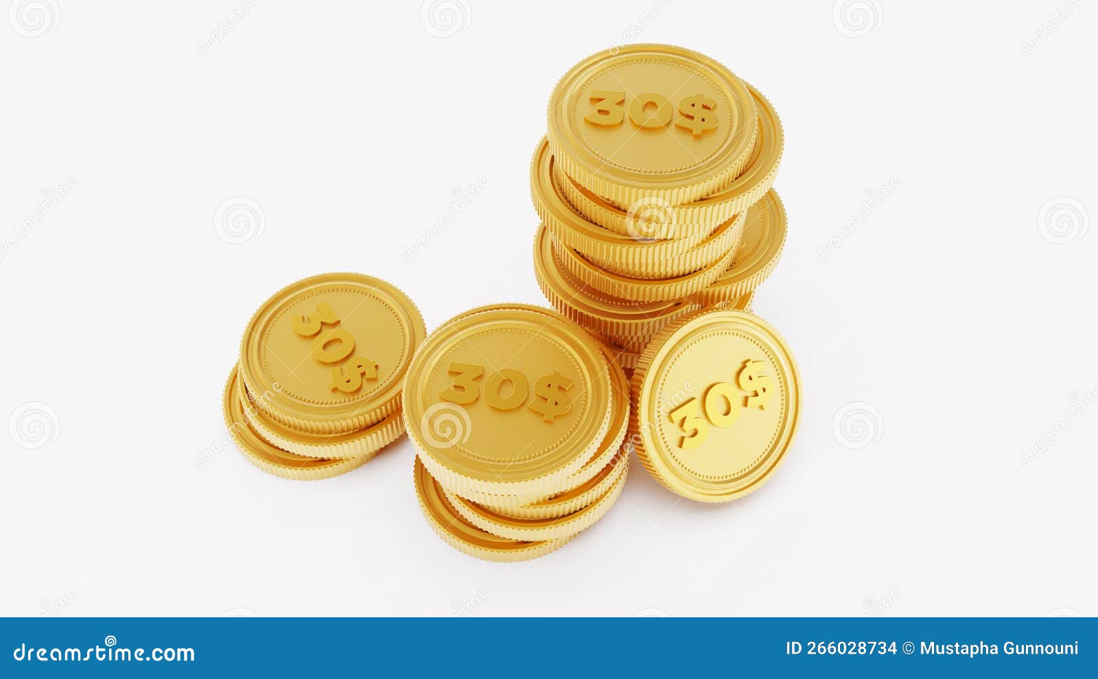 golden stack coins  on a white background. thirty dollar coins