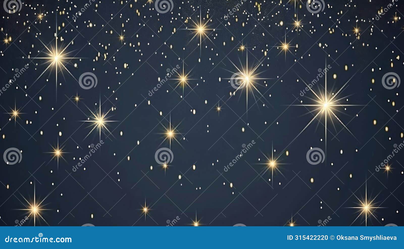 golden stars gleam with bright flares across a deep blue night sky, evoking the vastness of the universe