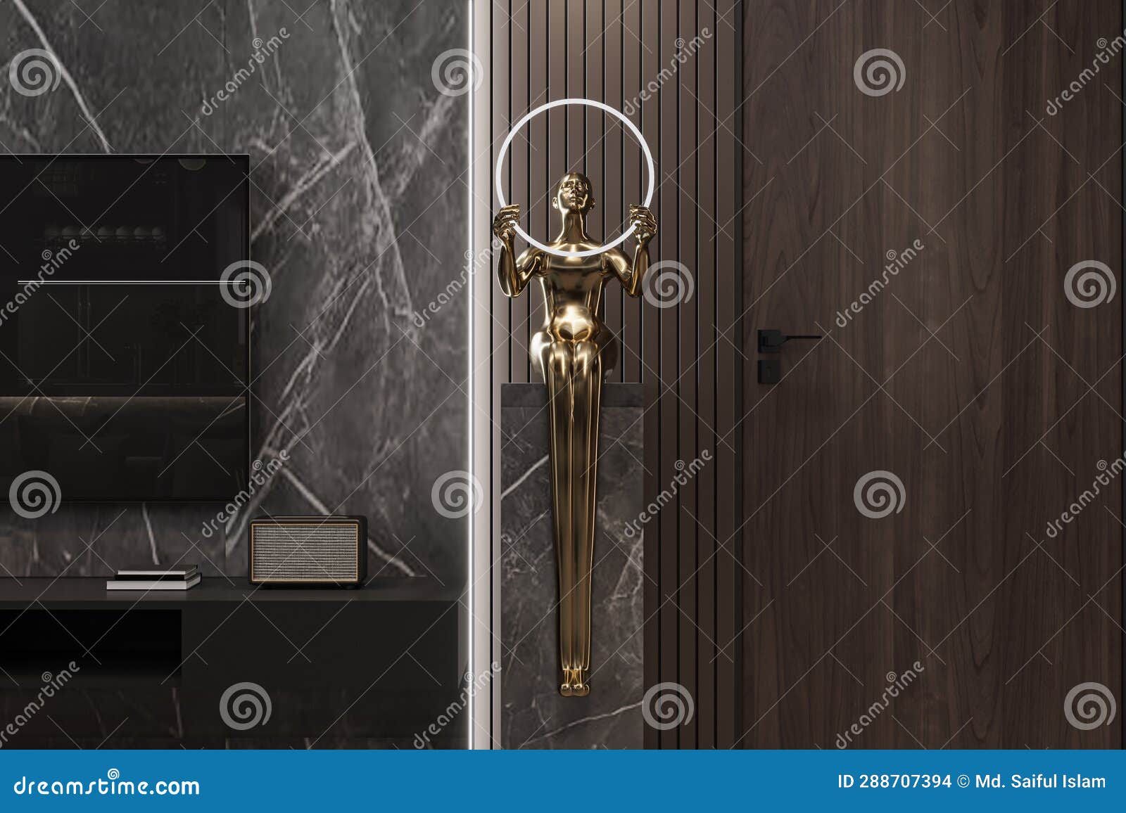 Golden Statue with LED Lamp Next To TV, Interior Design, 3D Render