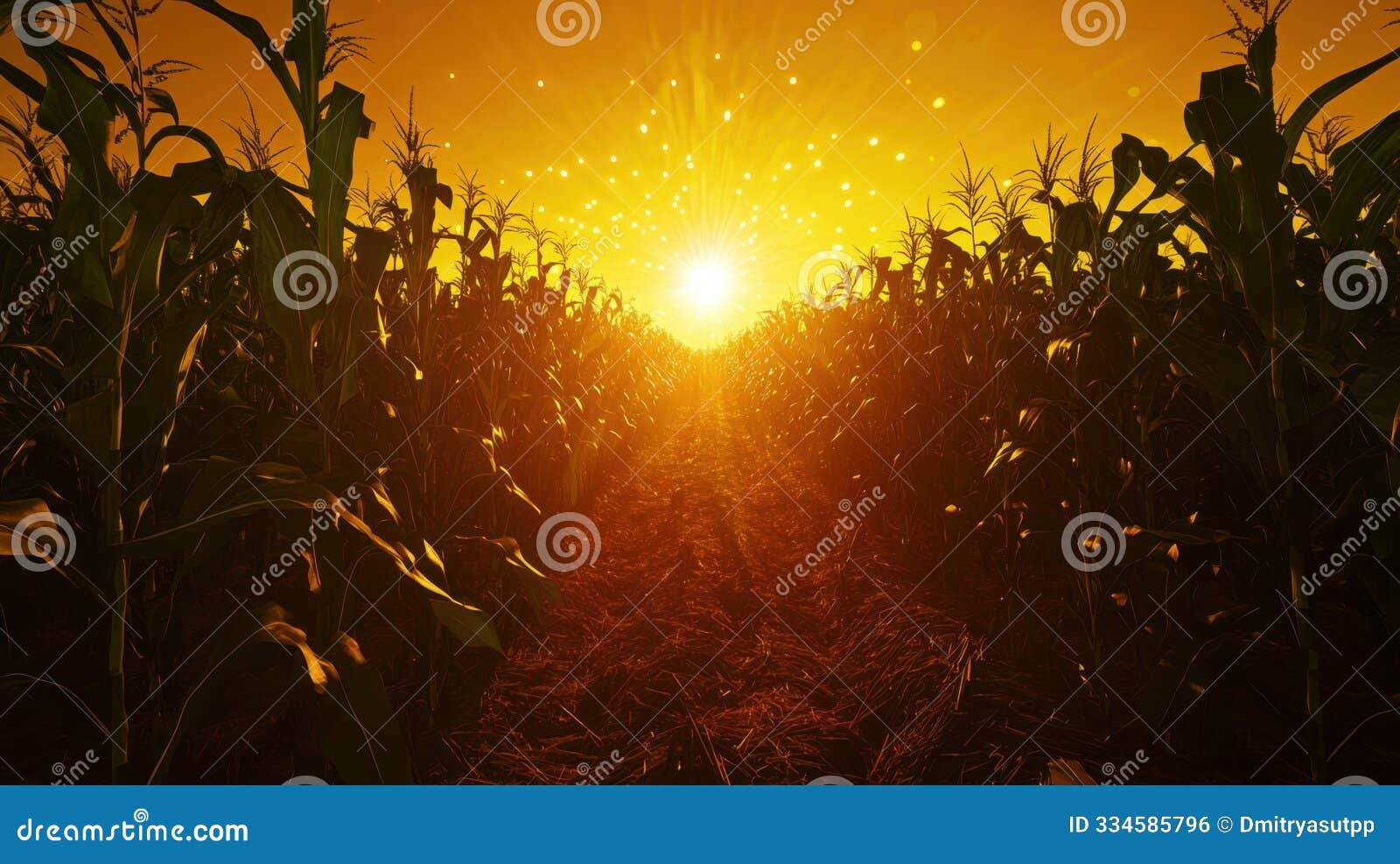 golden sun sets over cornfield creating enchanting glow and tranquil atmosphere