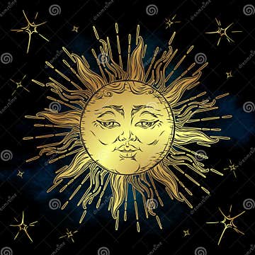 Golden Sun and Stars Vector Illustration. Hand Drawn Boho Style Fabric ...