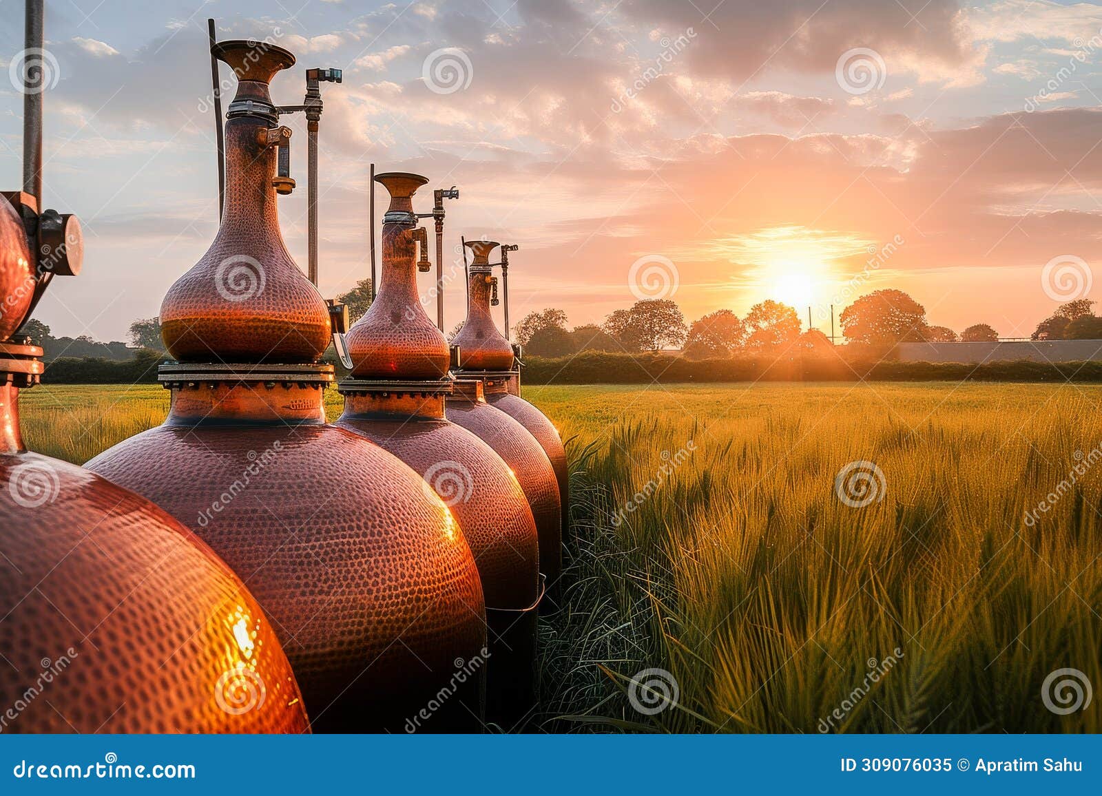 a golden sunset is casting a warm glow on distillery stills in a countryside field.