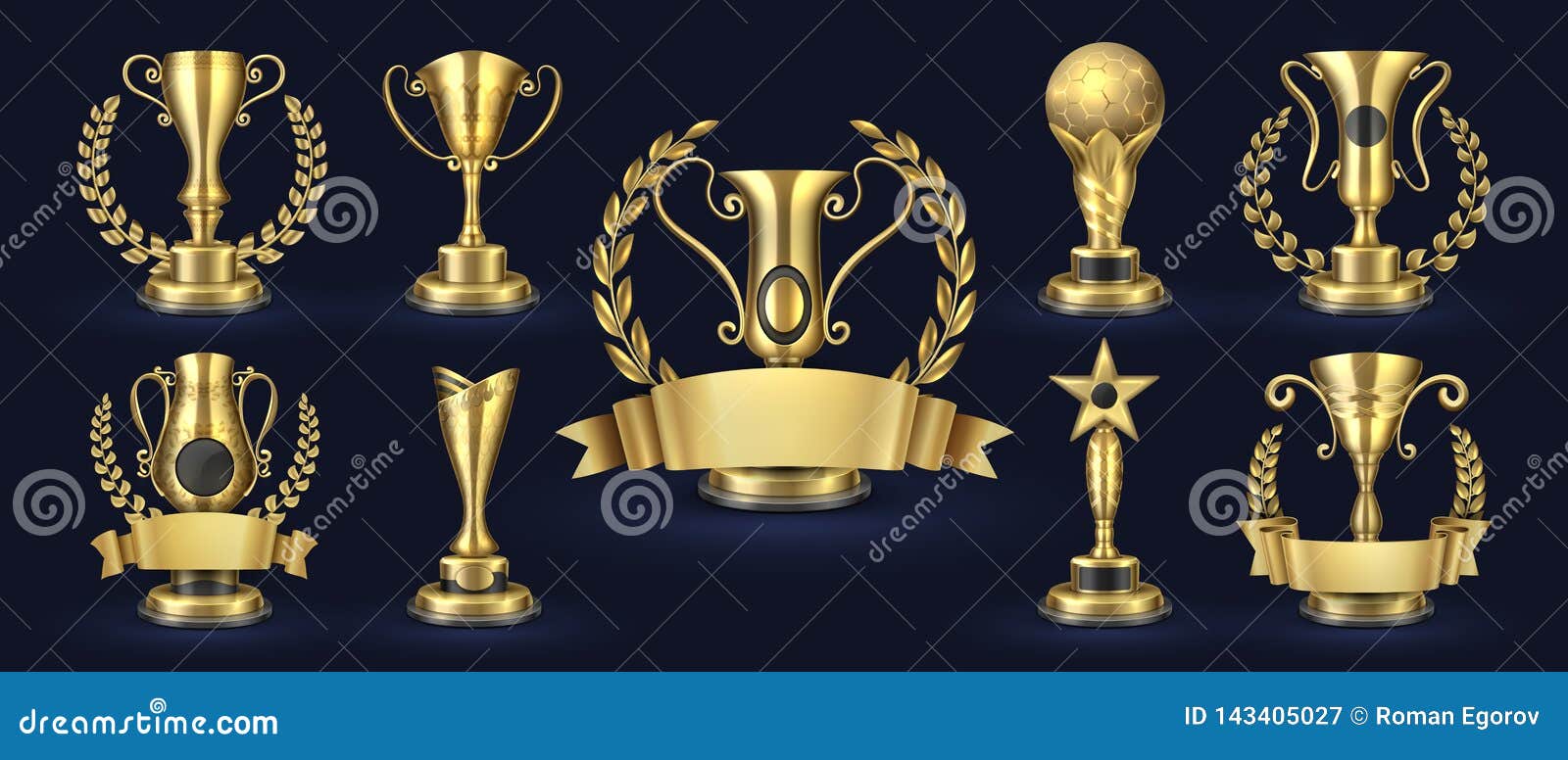 golden trophy. realistic champion award, contest winner prizes with laurel s, 3d awards banner.  golden cup