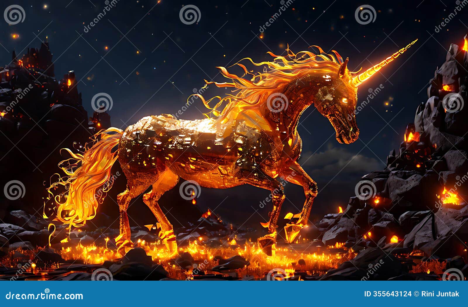 a golden unicorn made entirely of molten lava, walking across a scorched volcanic landscape.