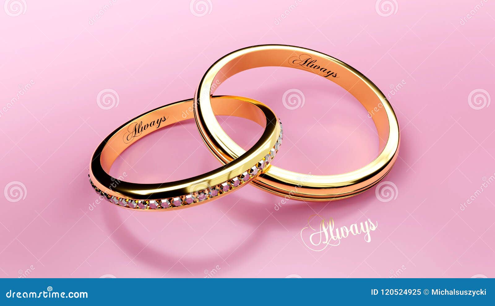 pair of golden rings joined together forever with engraved love word