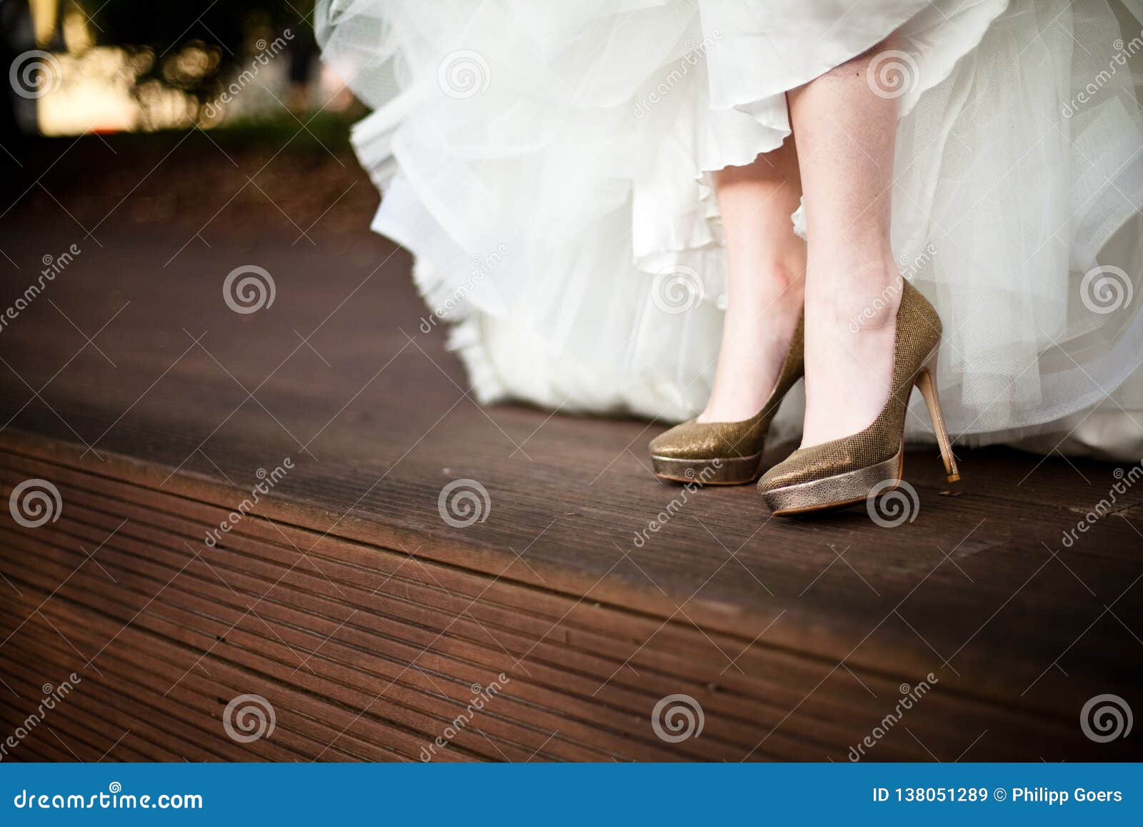 Golden Wedding Shoes from White Dressed Bride Stock Image - Image of ...