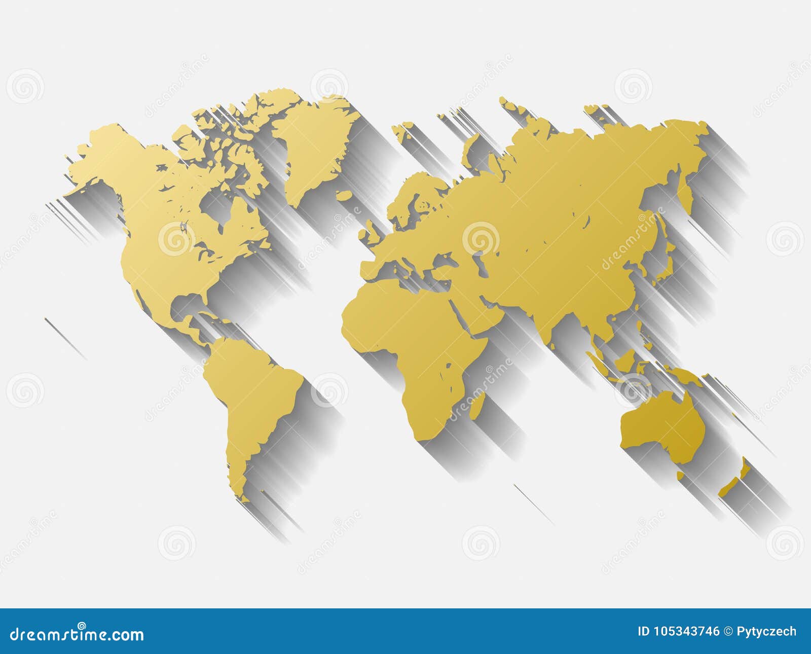 golden world map silhoutte. metal like  with long shadow on white background