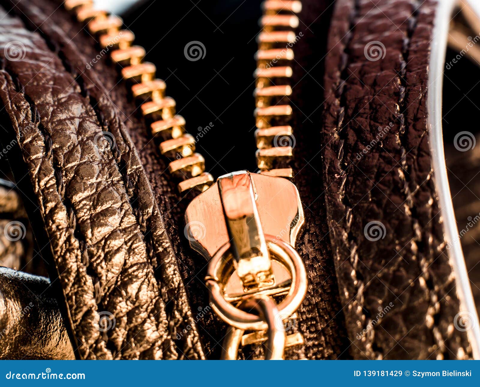 A Golden Zipper of a Leather Bag Stock Image Image of material