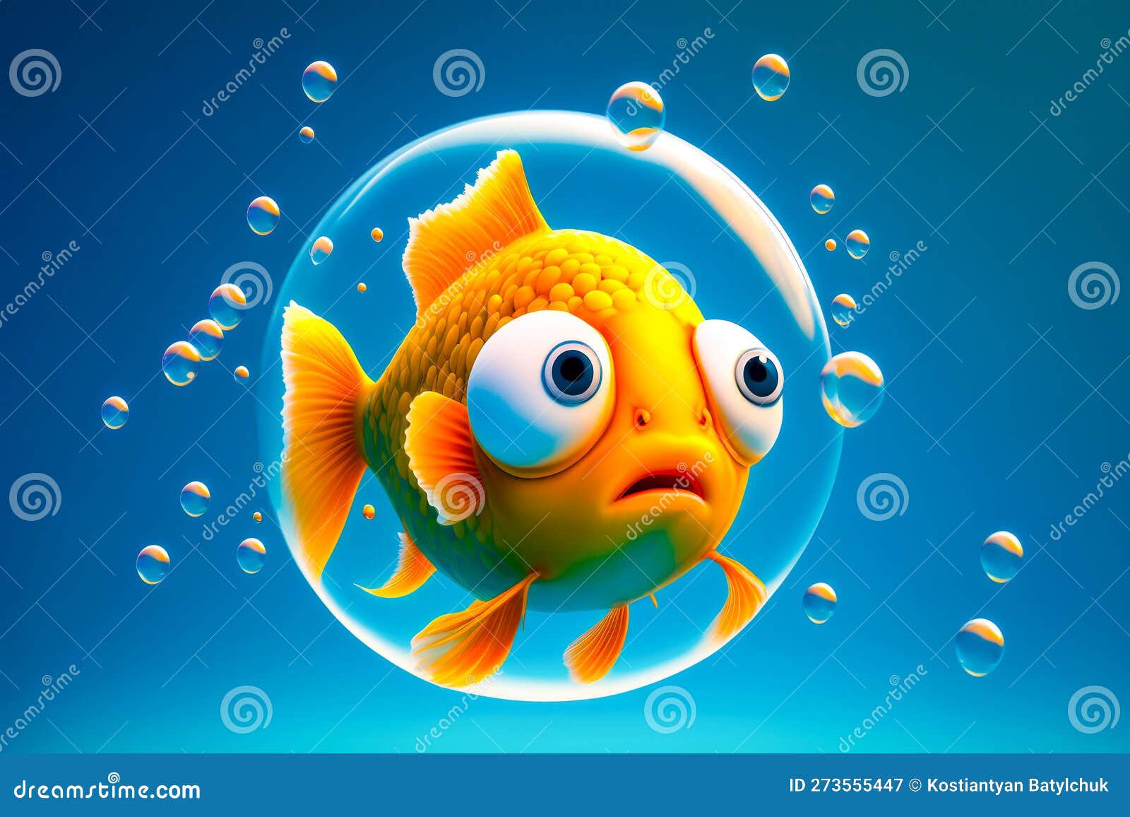 Goldfish in Bubble with Bubbles Around it. Generative AI Stock Image