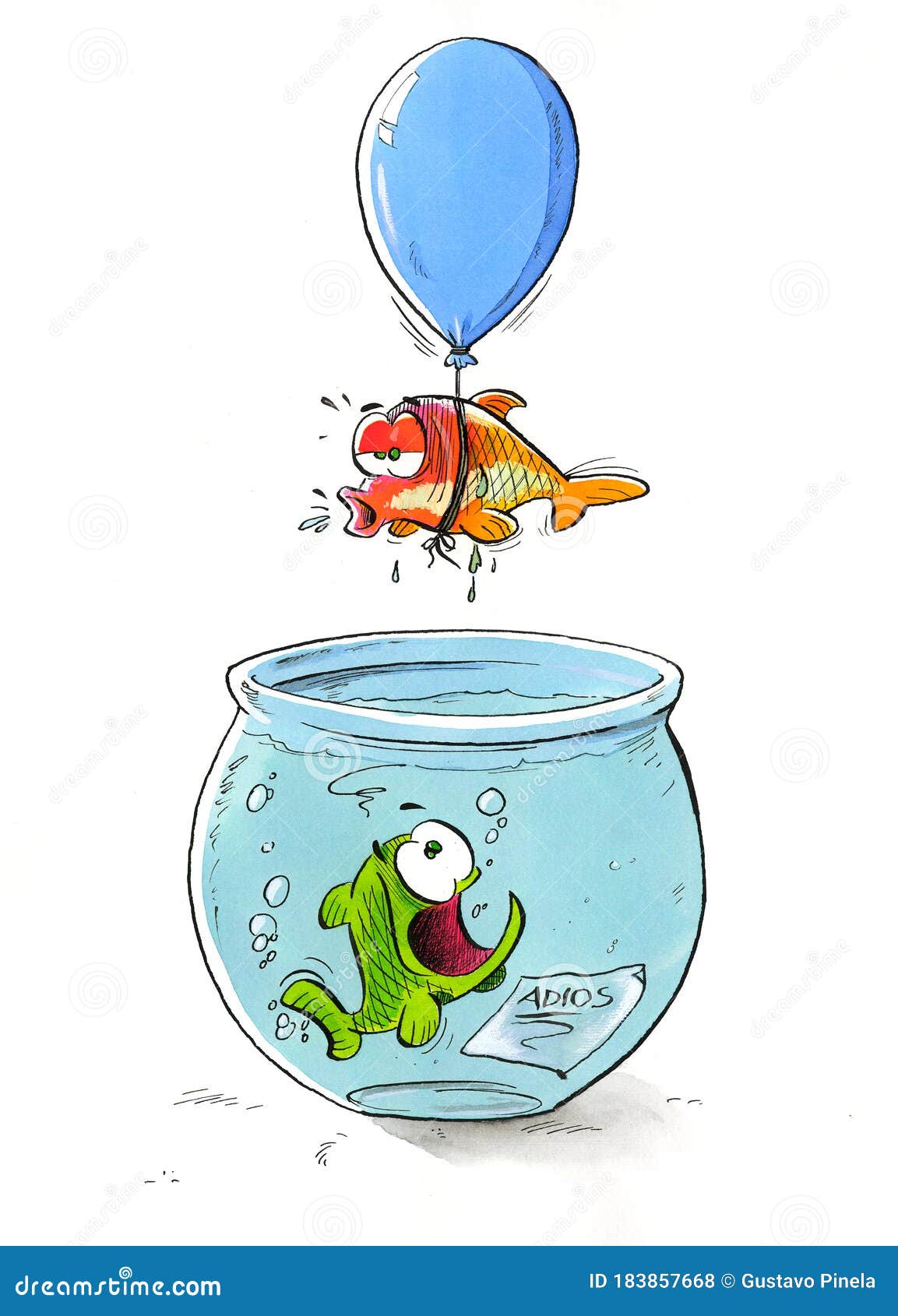 a fish leaves the fish tank in a balloon, leaving a farewell note to another fish in the fish tank