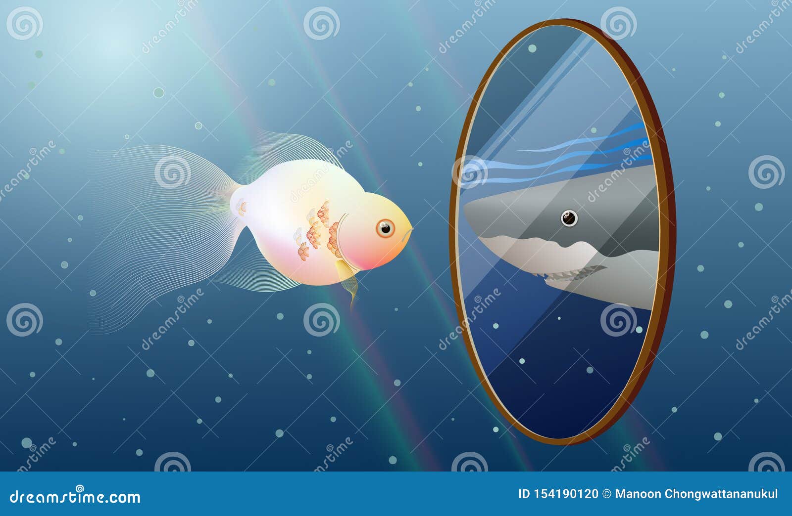 goldfish look into the mirror and see a reflection of a great white shark, self esteem concept idea