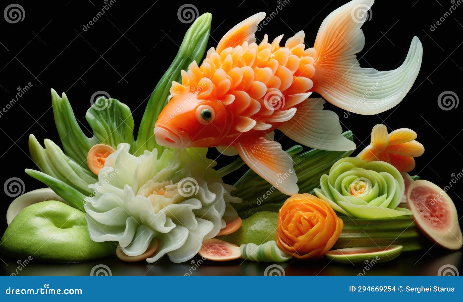 A Goldfish is Surrounded by Vegetables and Fruit, AI Stock Illustration