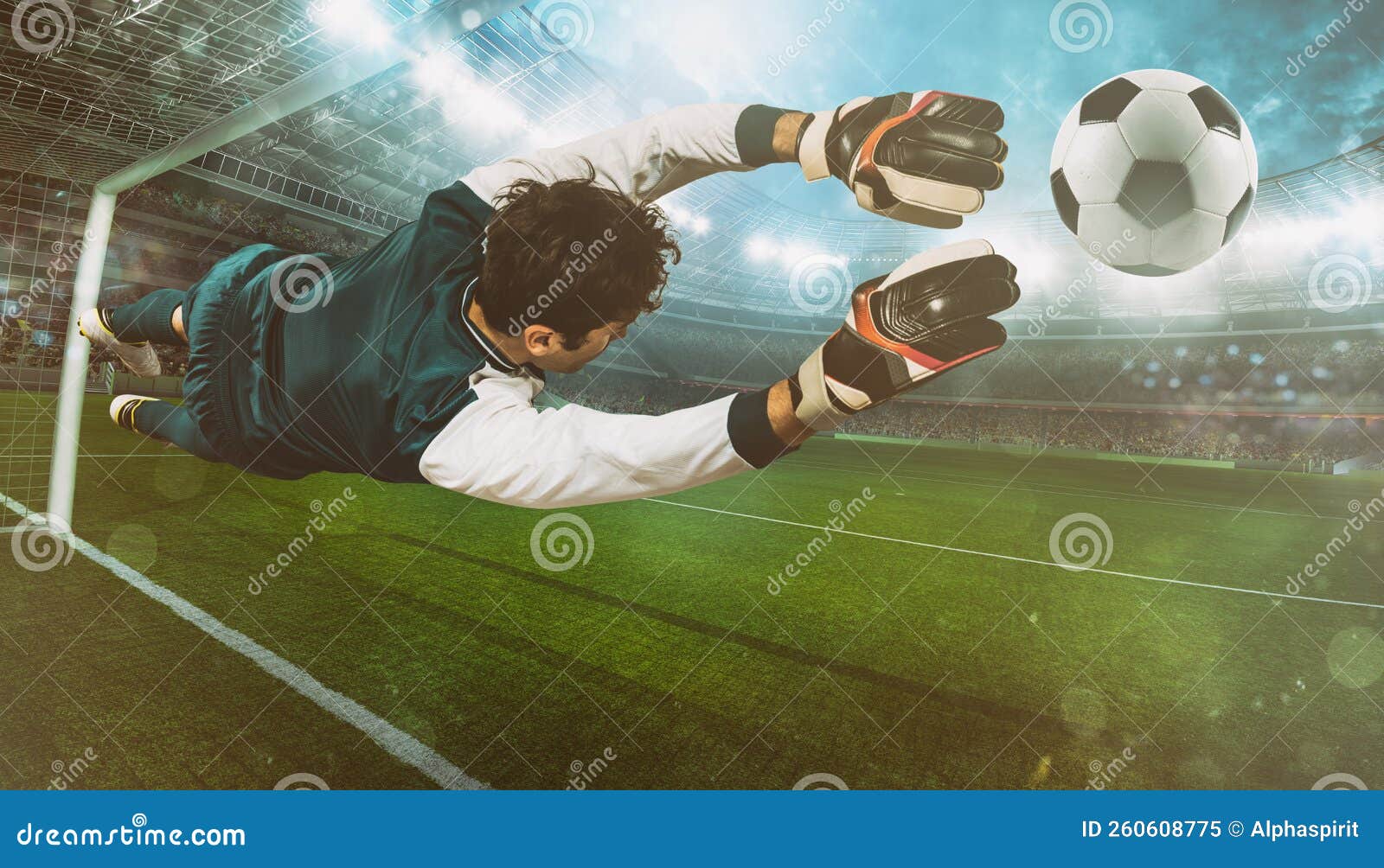 O goleiro chuta a bola no estádio durante um jogo de futebol