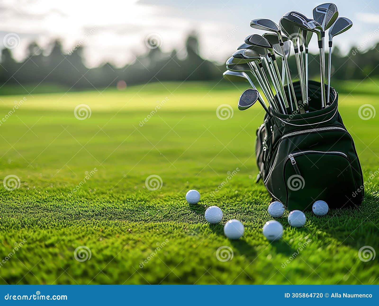 Golf Ball and Golf Club in Bag on Green Grass Stock Illustration